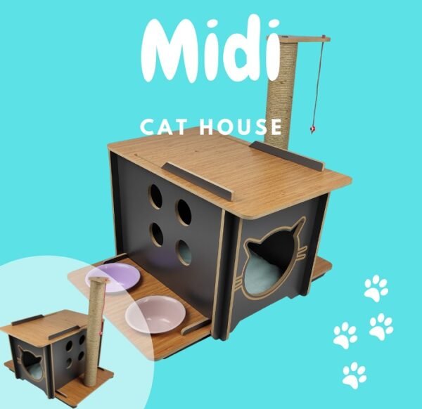 Midi – Kattenhuis – Krabpaal met drink en voerbak